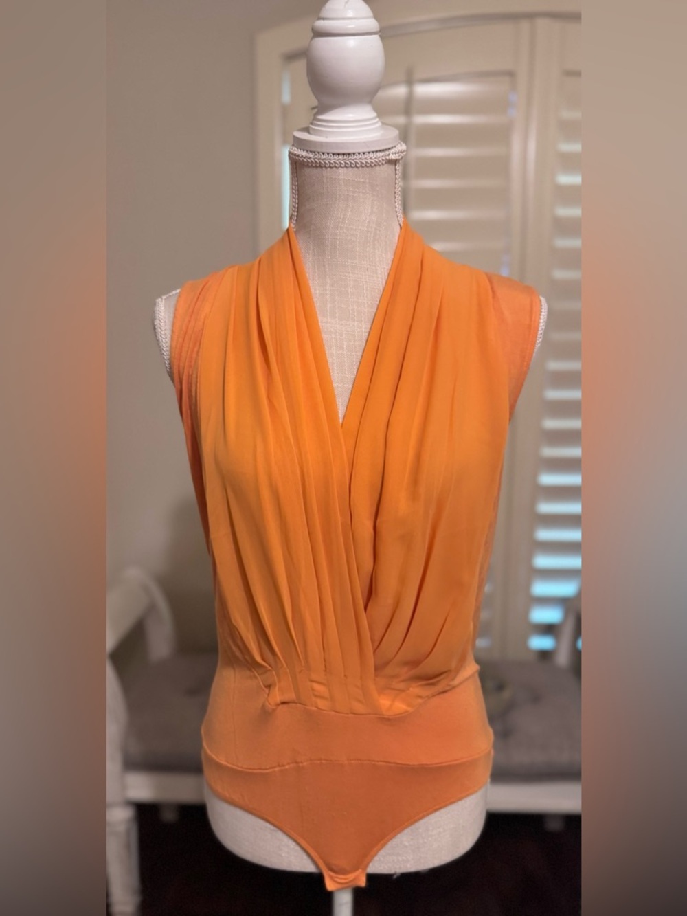 New York and Company Sleeveless Draped V-Neck Orange Bodysuit Top